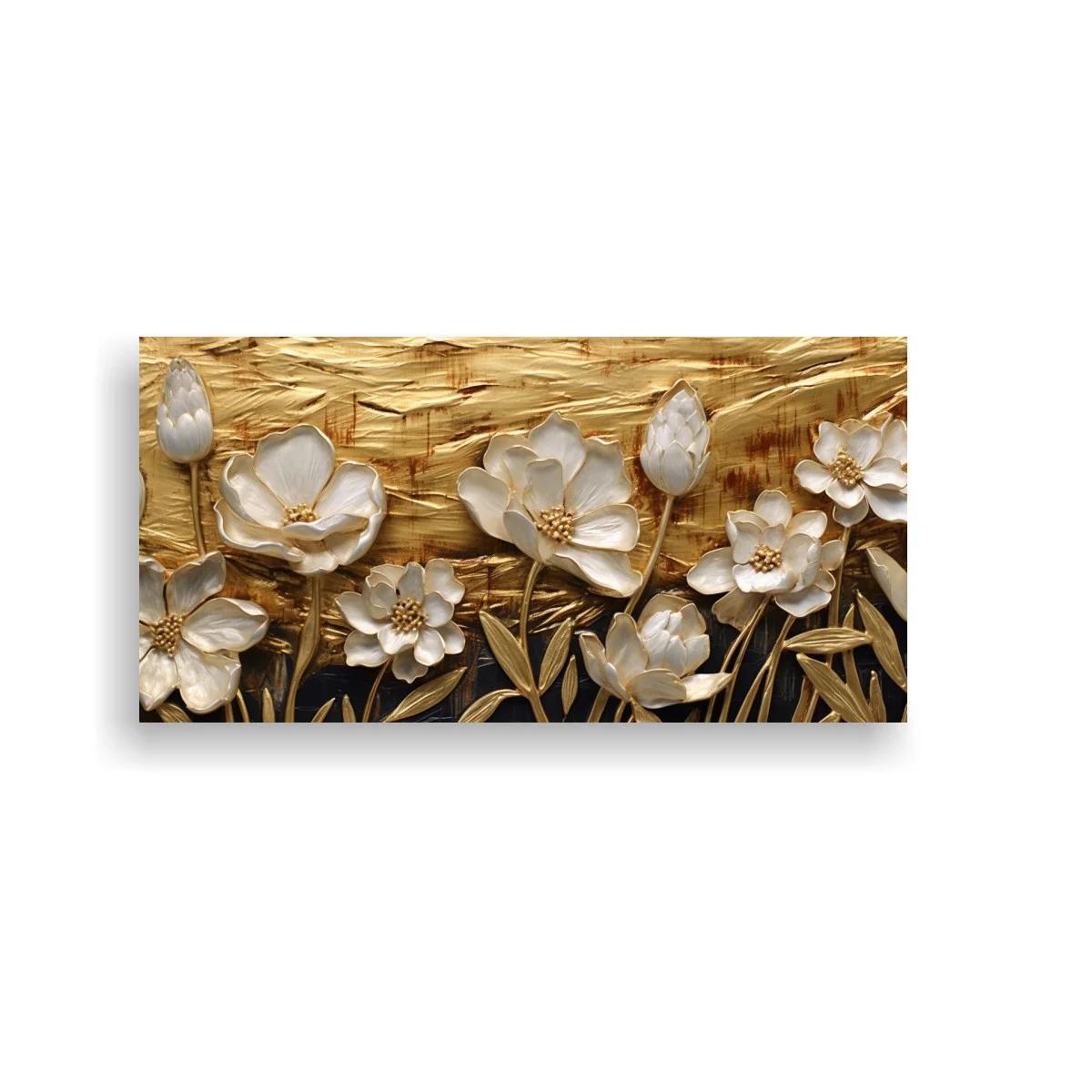 Cuadro flores blancas en relieve con fondo dorado