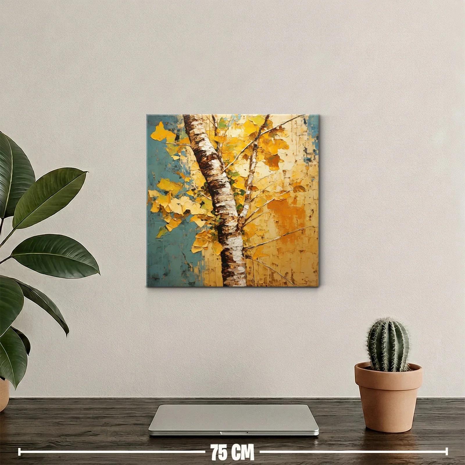 Árbol otoñal con hojas doradas y fondo azul y amarillo — miniatura 2