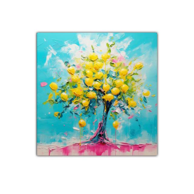 Árbol colorido con limones dorados y fondo celeste vibrante