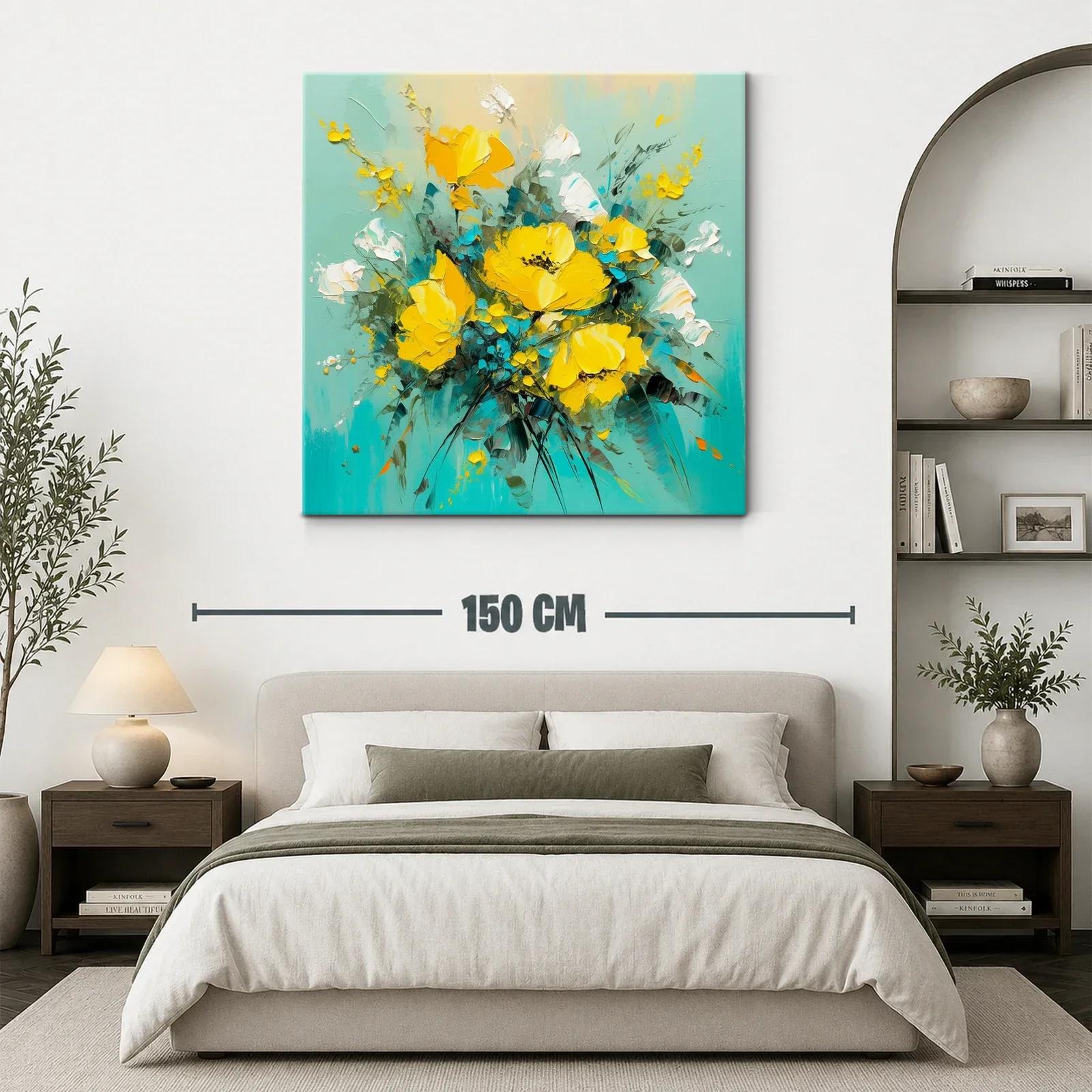 Cuadro moderno con ramo de flores amarillas y fondo turquesa — miniatura 3