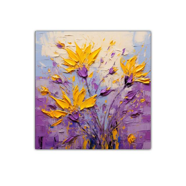 Cuadro decorativo con flores vibrantes en tonos morados y amarillos