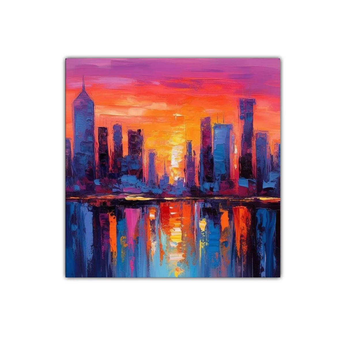 Atardecer vibrante sobre ciudad reflejada en agua