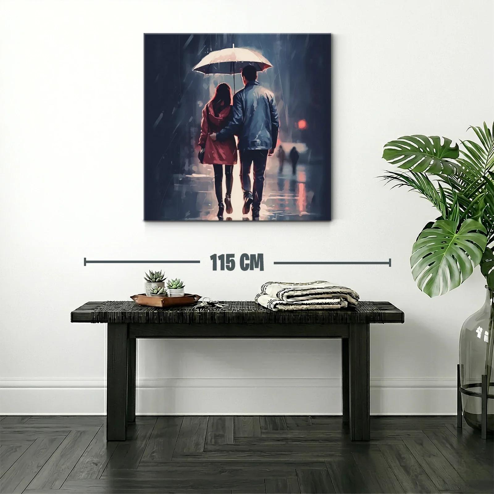 Pareja caminando bajo la lluvia con paraguas blanco — miniatura 2