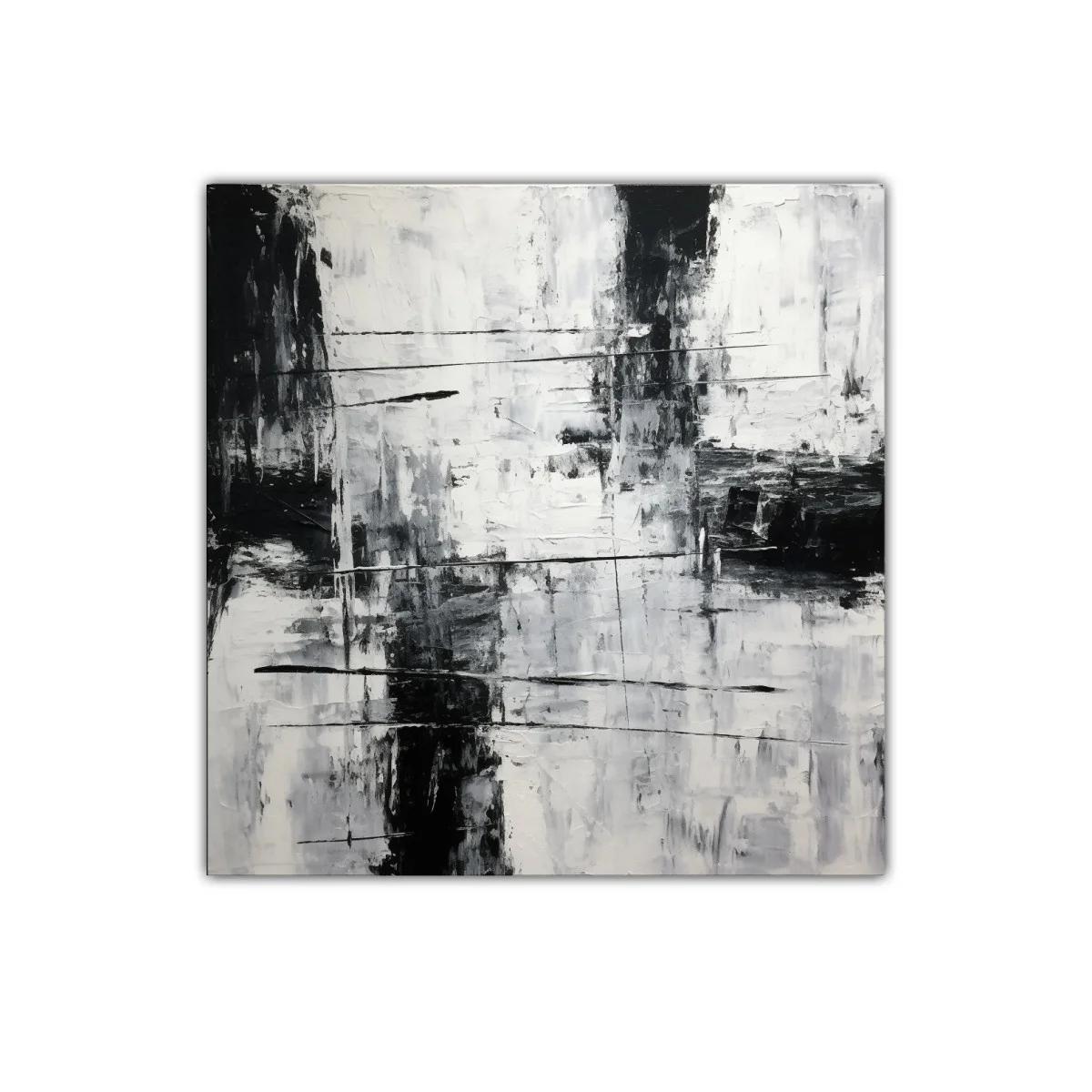 Cuadro abstracto en blanco y negro con textura y líneas dinámicas — imagen principal