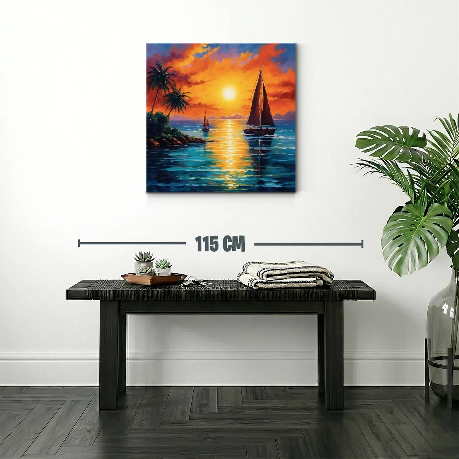 Atardecer en la costa con velero y palmeras tropicales — miniatura 2