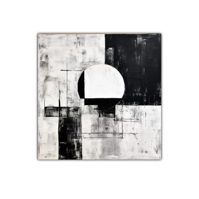 Cuadro abstracto en blanco y negro con formas geométricas