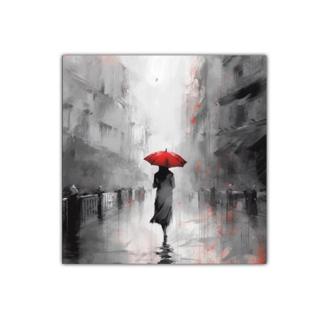 Calle urbana lluviosa con figura y paraguas rojo