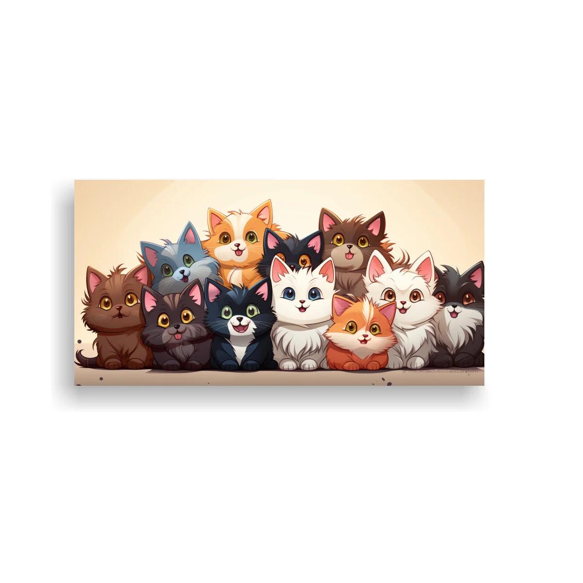 Cuadro grupo de gatos caricaturescos en fila compacta