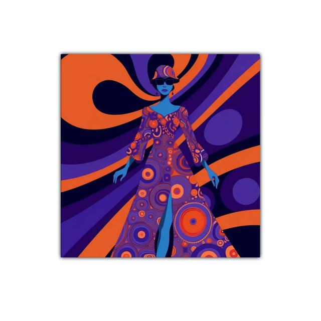 Cuadro femenino psicodélico con vibrantes círculos naranjas y morados