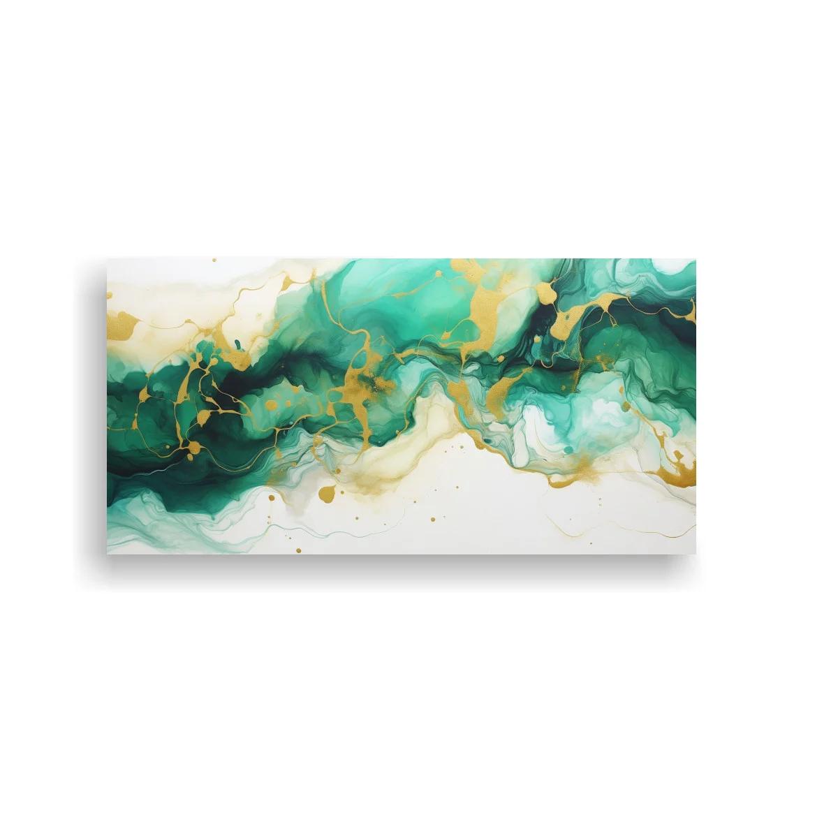 Cuadro mancha abstracta de tinta en verde turquesa y dorado