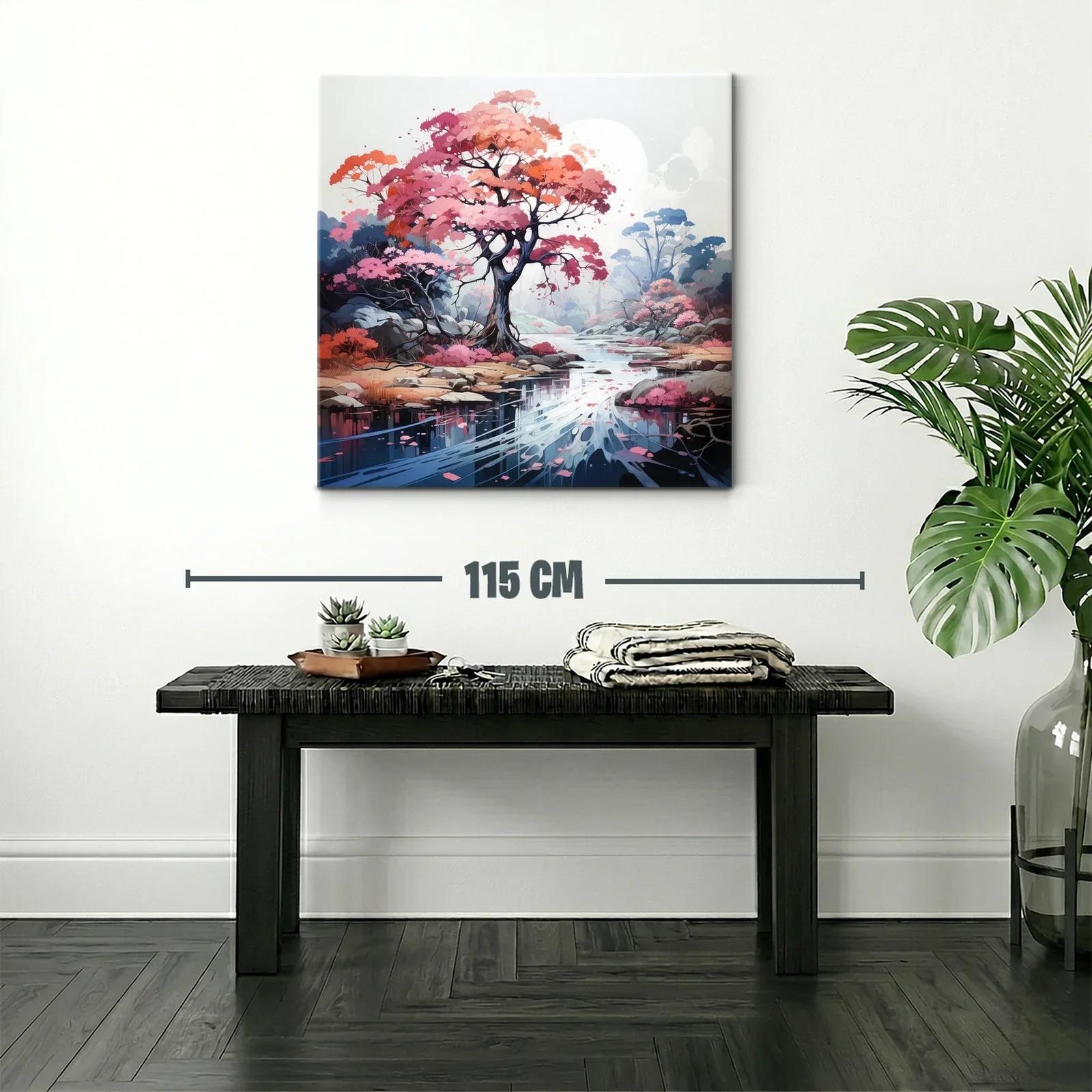 Paisaje sereno con árbol rosa junto a río reflejante — miniatura 2