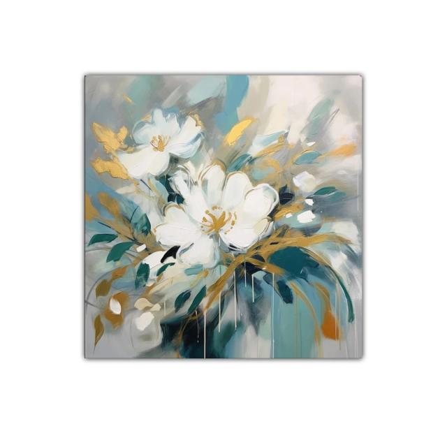 Cuadro decorativo de flores blancas con detalles dorados