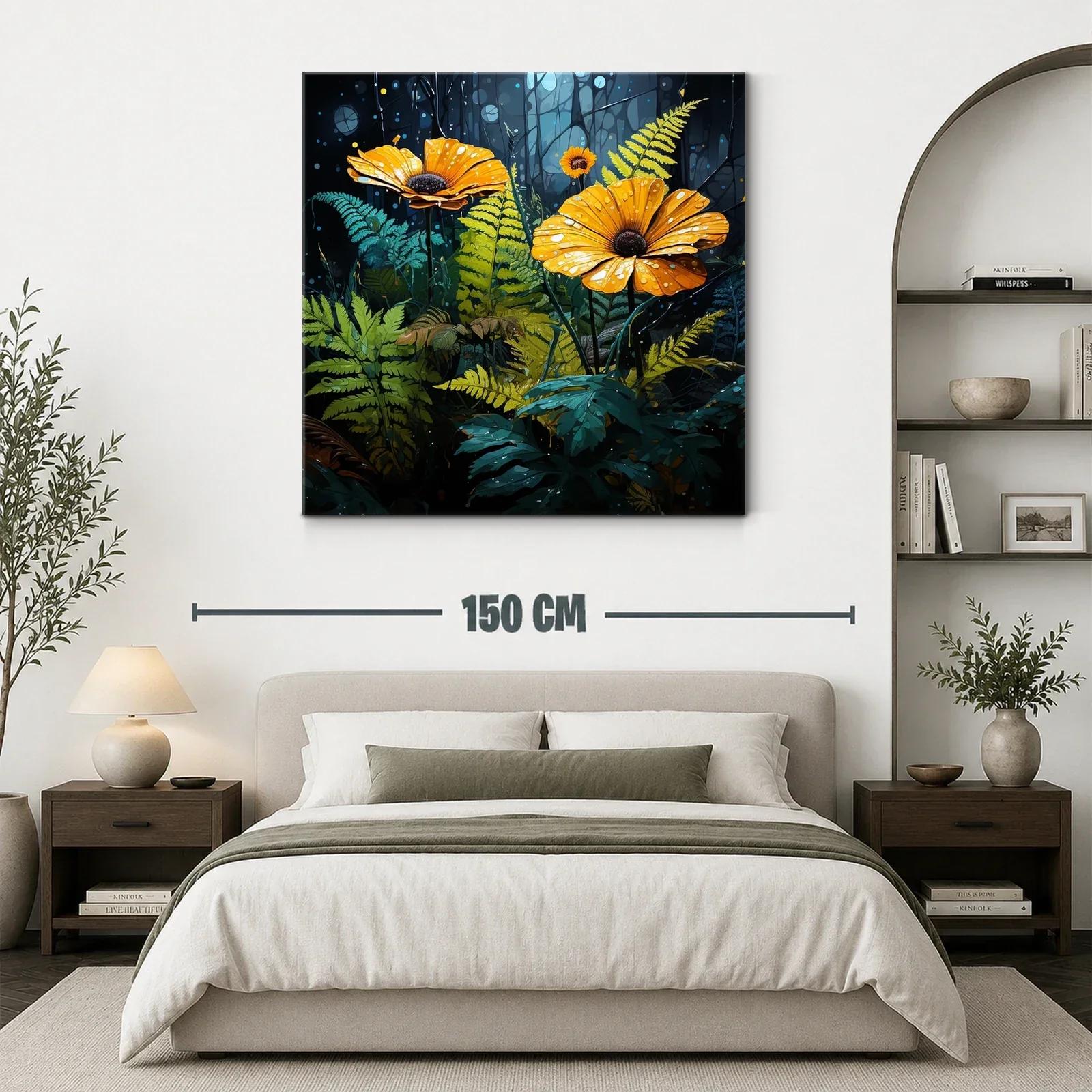 Flores amarillas en bosque oscuro con gotas de rocío — miniatura 3