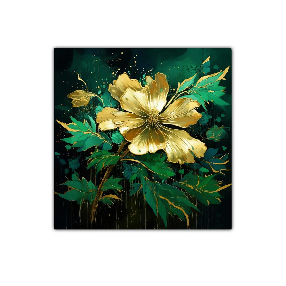 Flor dorada vibrante con hojas en tonos verdes intensos — imagen principal