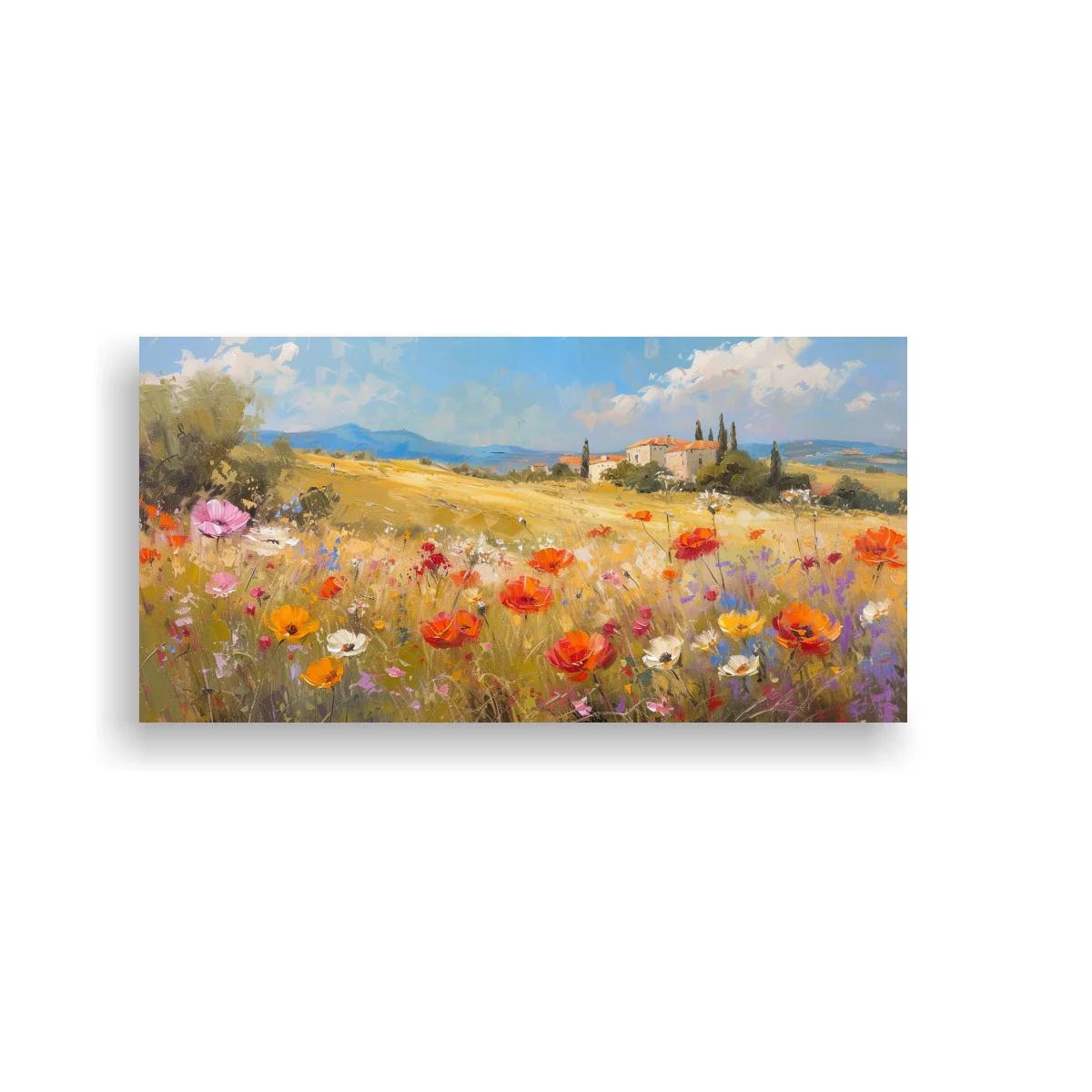 Cuadro campo de amapolas con casa rural y cipreses