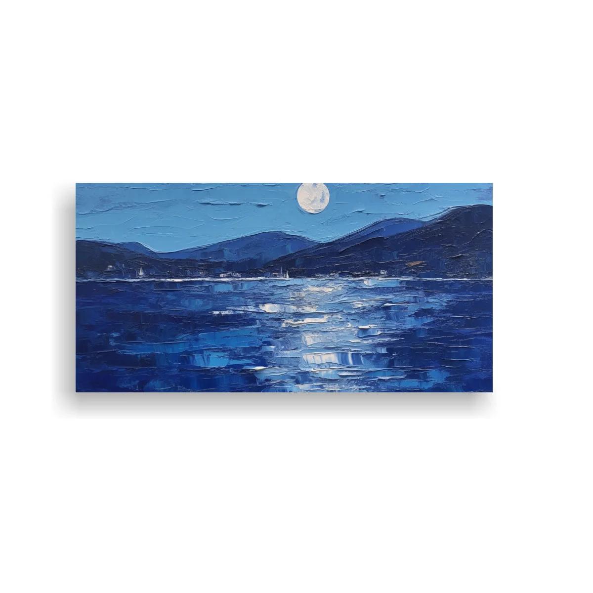Cuadro lago nocturno con luna llena y brillo plateado