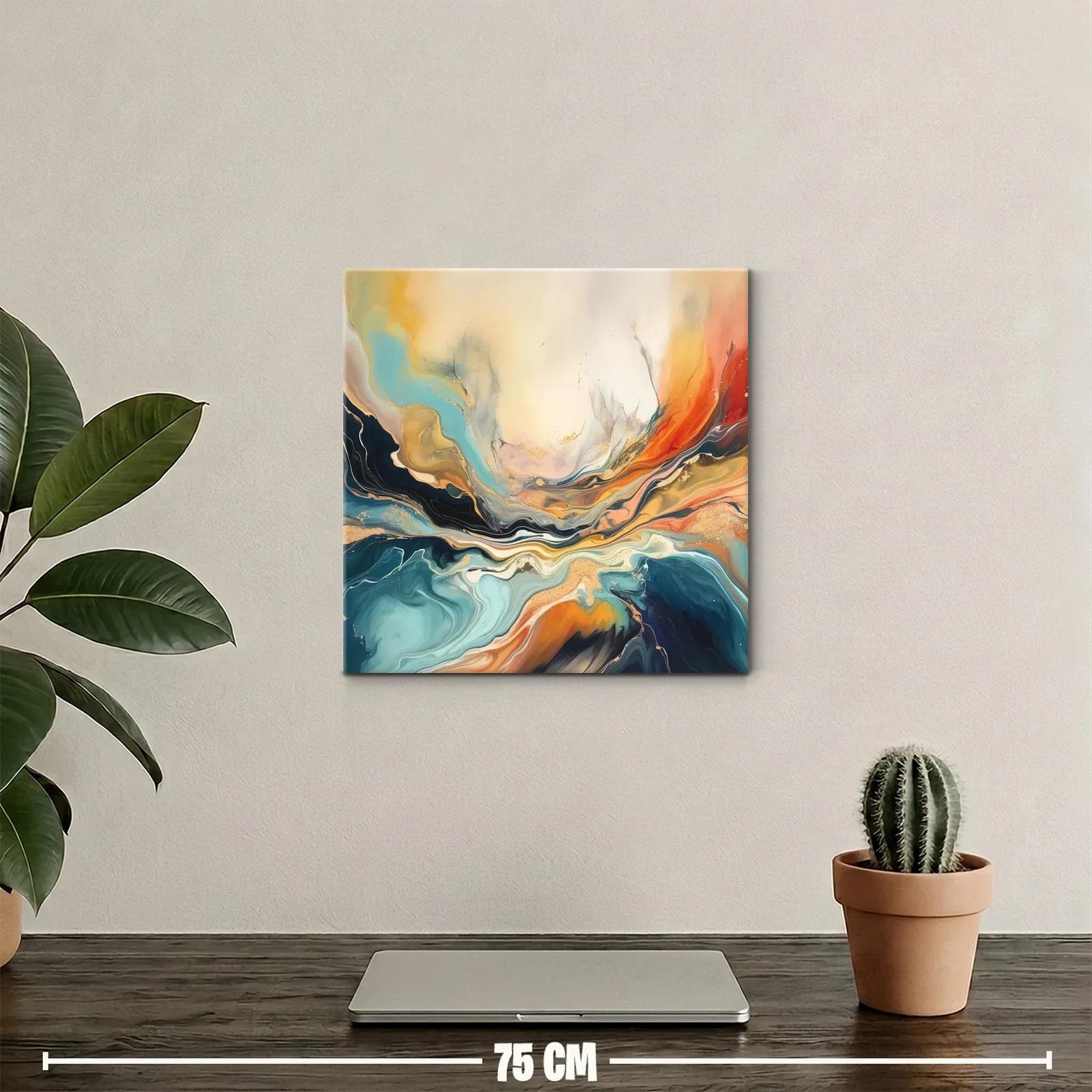 Cuadro abstracto en tonos cálidos y fríos con movimiento fluido — miniatura 2