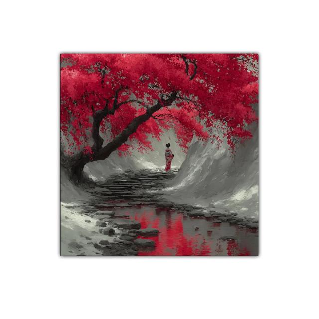 Camino sereno bajo cerezos en flor rojo intenso