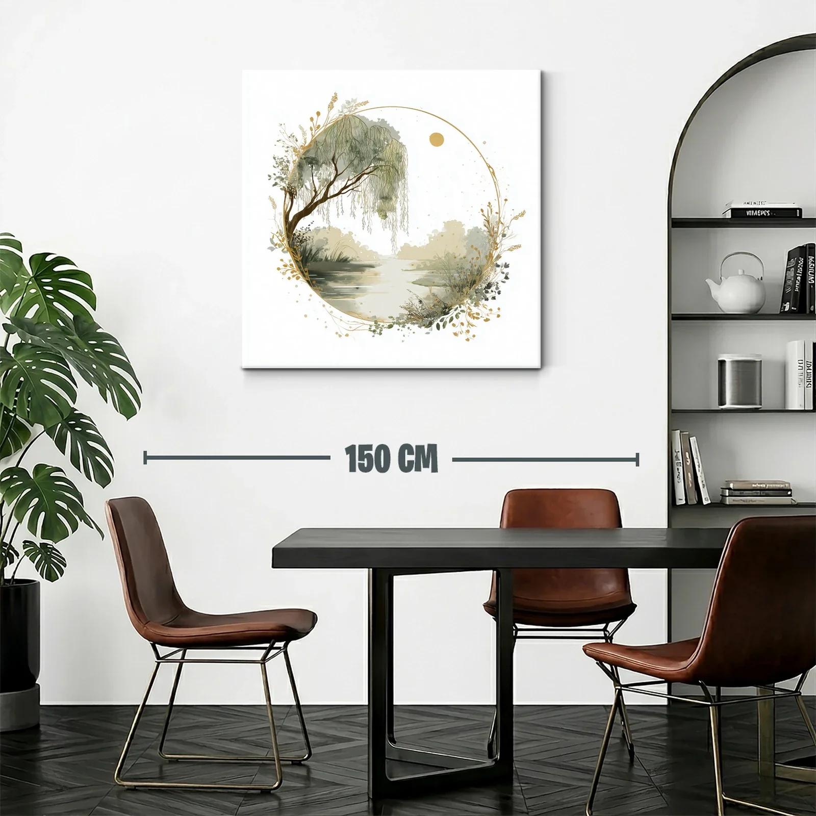 Cuadro paisaje sereno con sauce y detalles dorados — miniatura 2