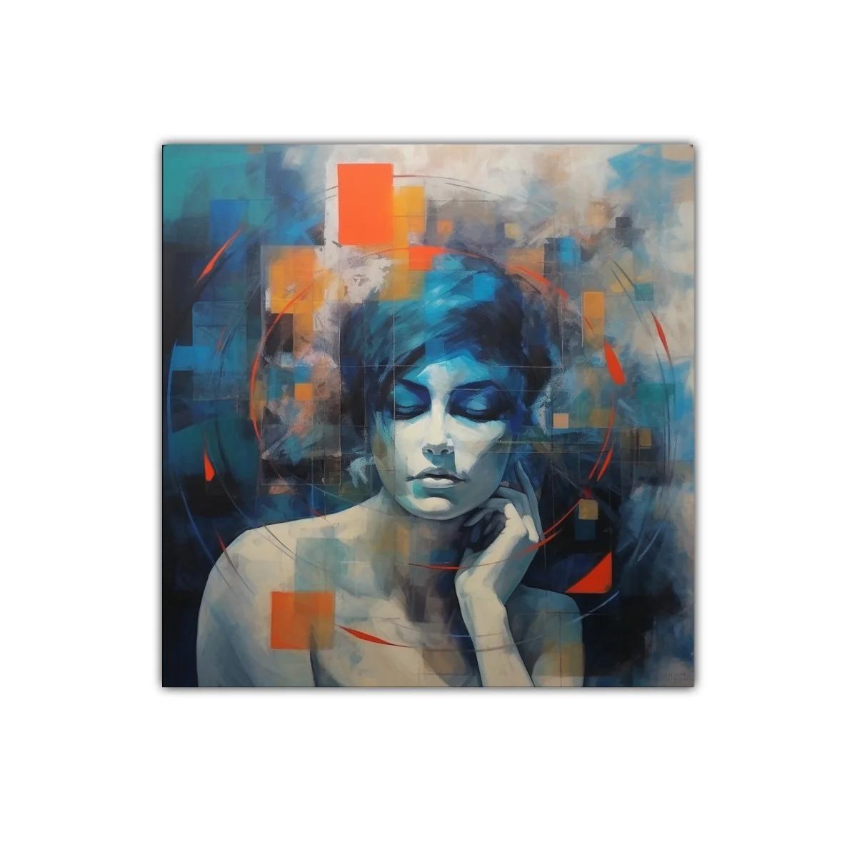 Retrato abstracto femenino con tonos azules y naranjas vibrantes — imagen principal