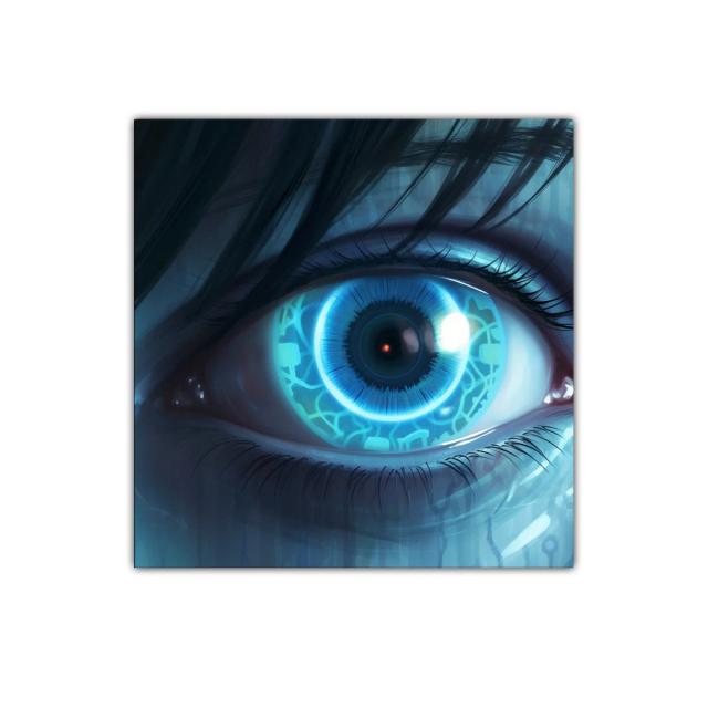 Ojo futurista con iris tecnológico en tonos azules