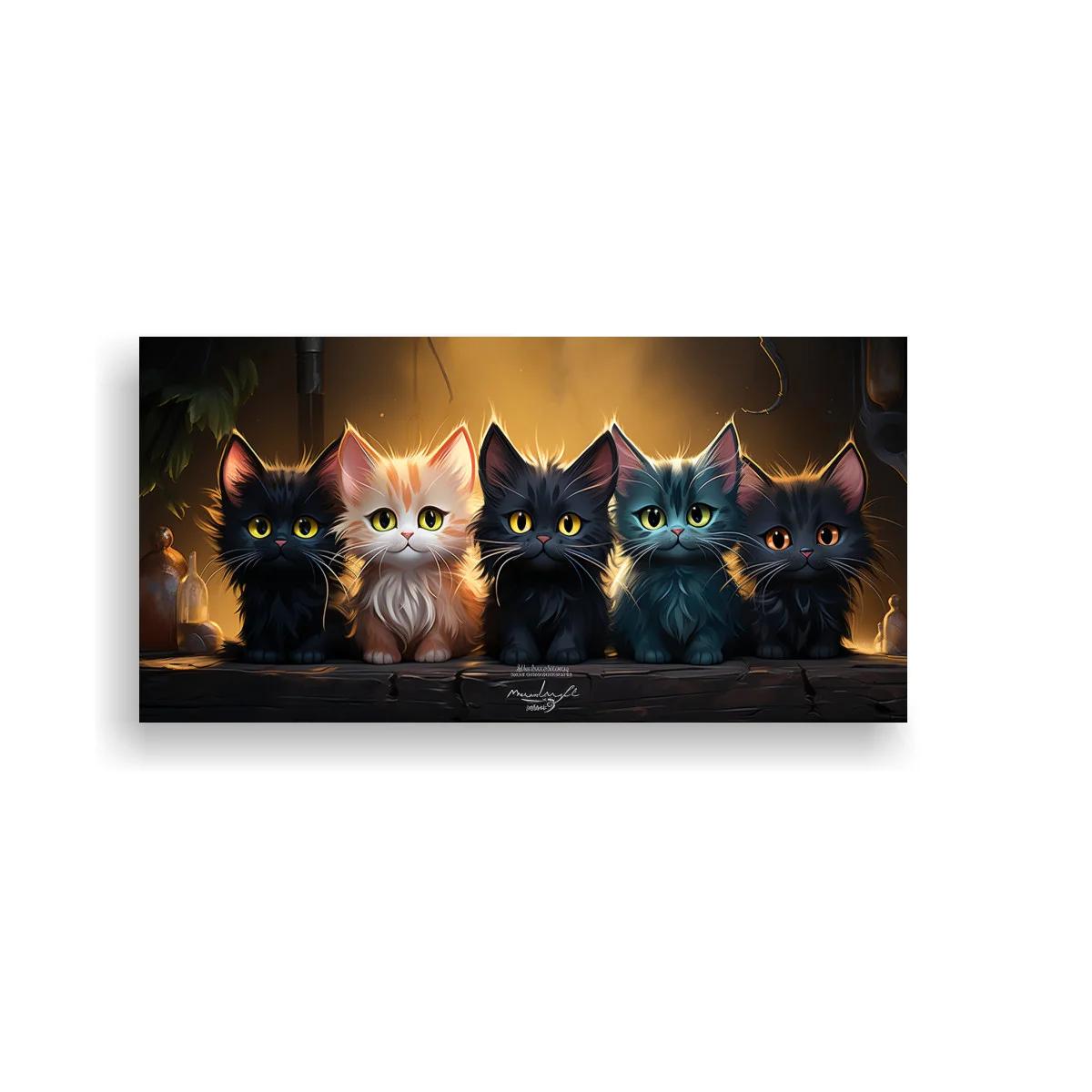 Cuadro cinco gatitos con luz dorada sobre fondo oscuro