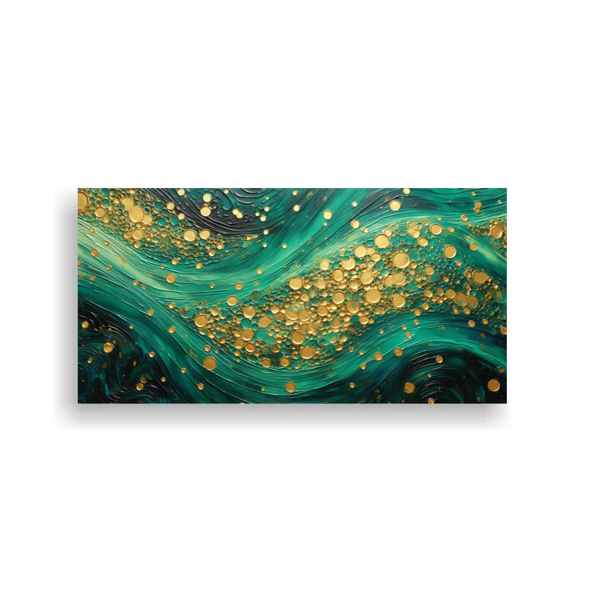 Cuadro olas abstractas en verde turquesa y dorado