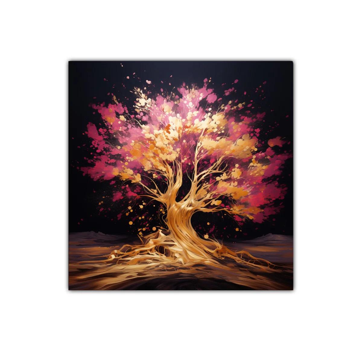 Árbol vibrante con tonos dorados y rosas en fondo oscuro