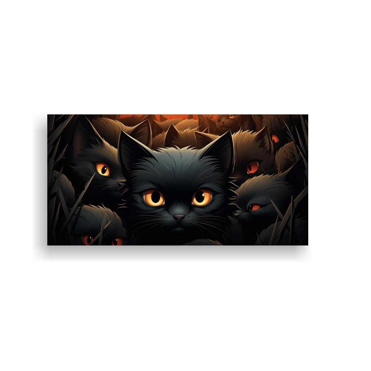 Cuadro gato negro de ojos ámbar entre sombras