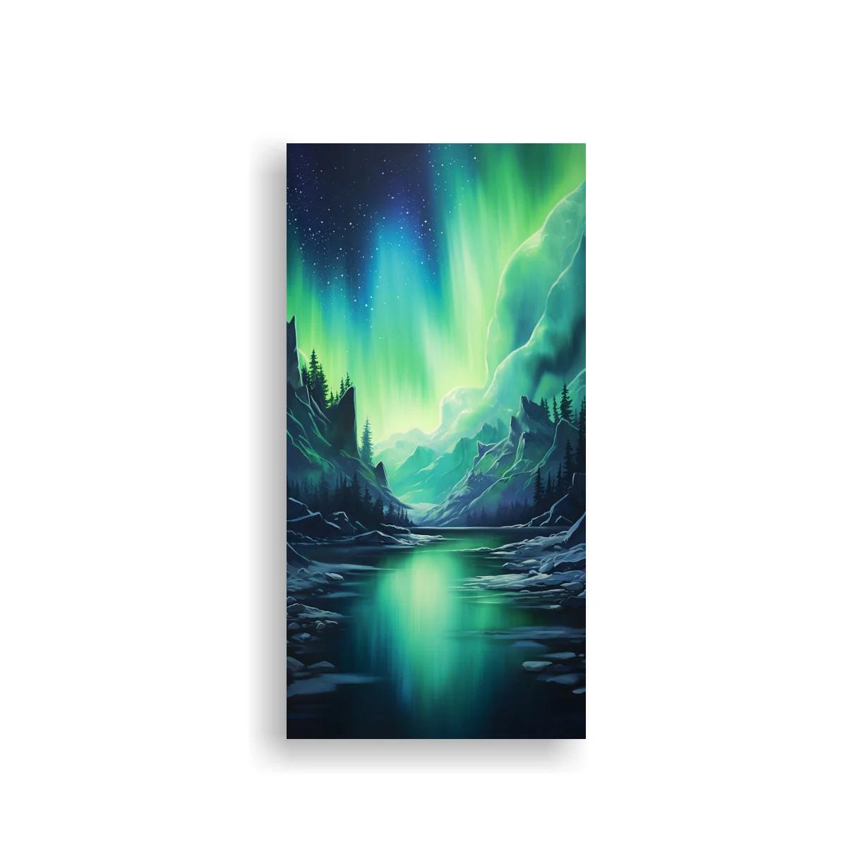 Cuadro aurora boreal sobre lago de montaña