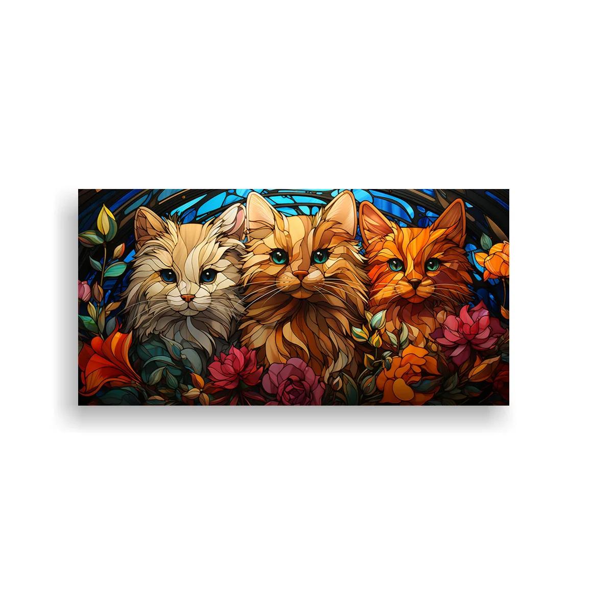 Cuadro tres gatos de pelo largo con trazos curvos tipo vitral