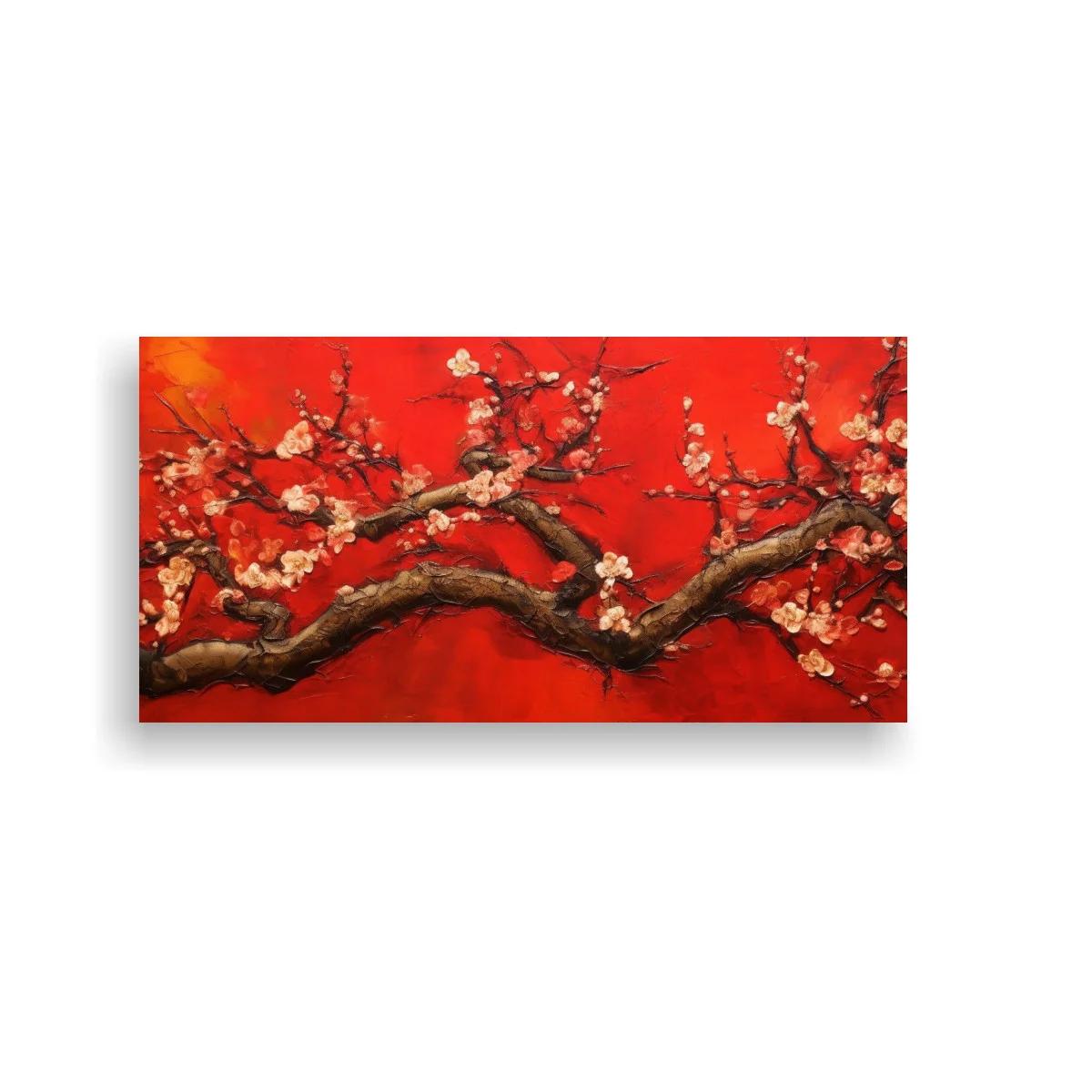 Cuadro rama de flor de cerezo sobre fondo rojo texturizado