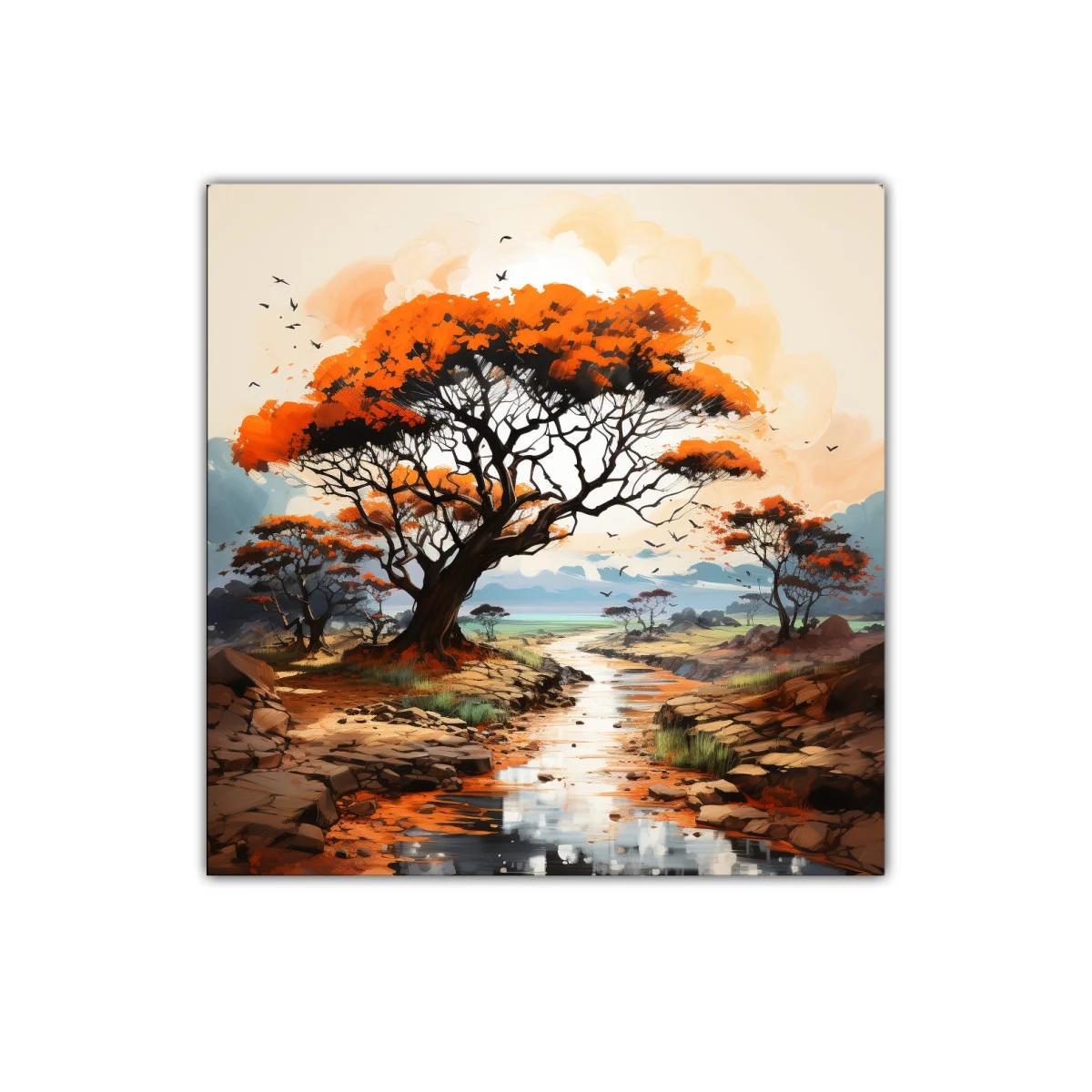 Paisaje sereno con árboles y río en tonos cálidos y naturales — imagen principal