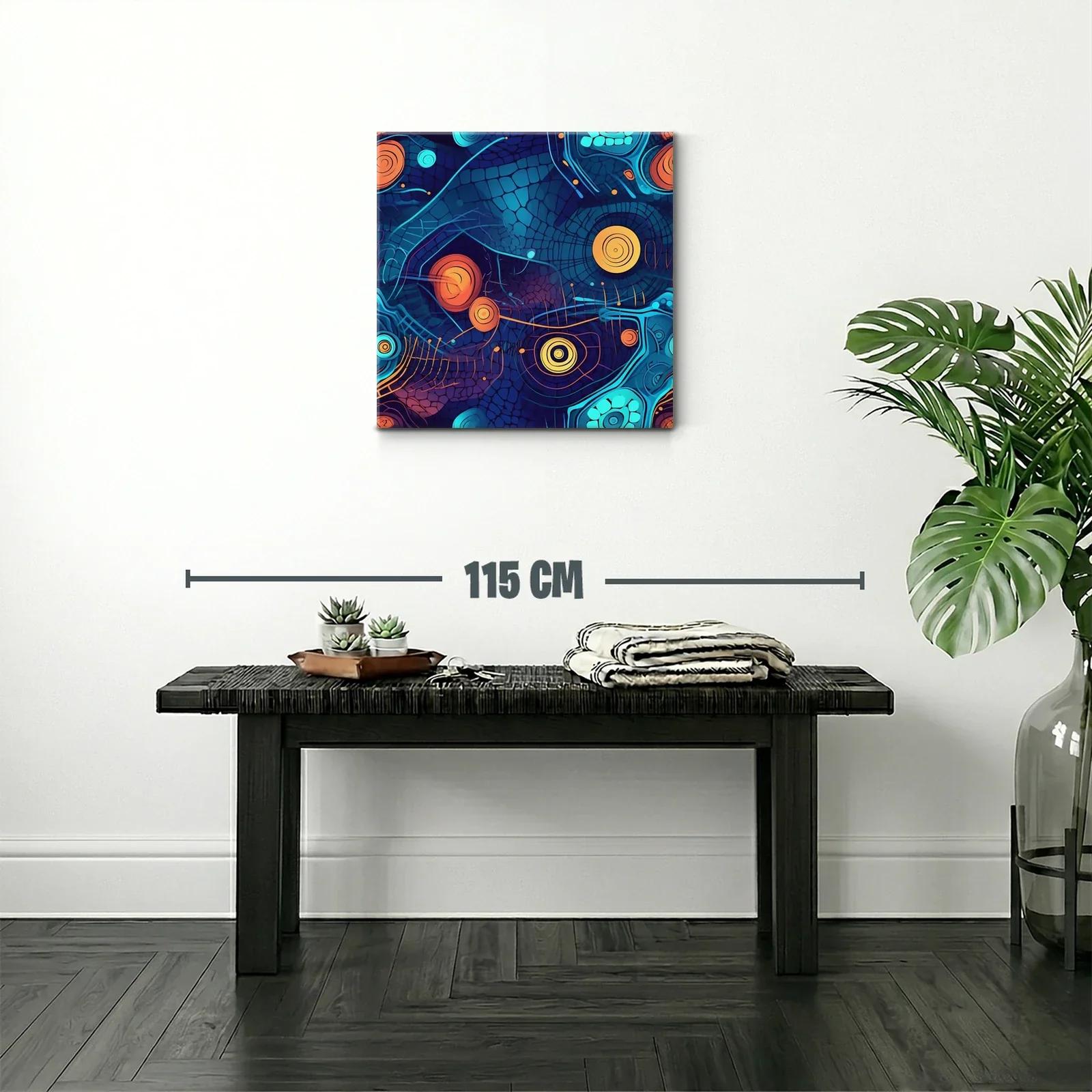 Cuadro abstracto con formas circulares en tonos azules y naranjas — miniatura 2