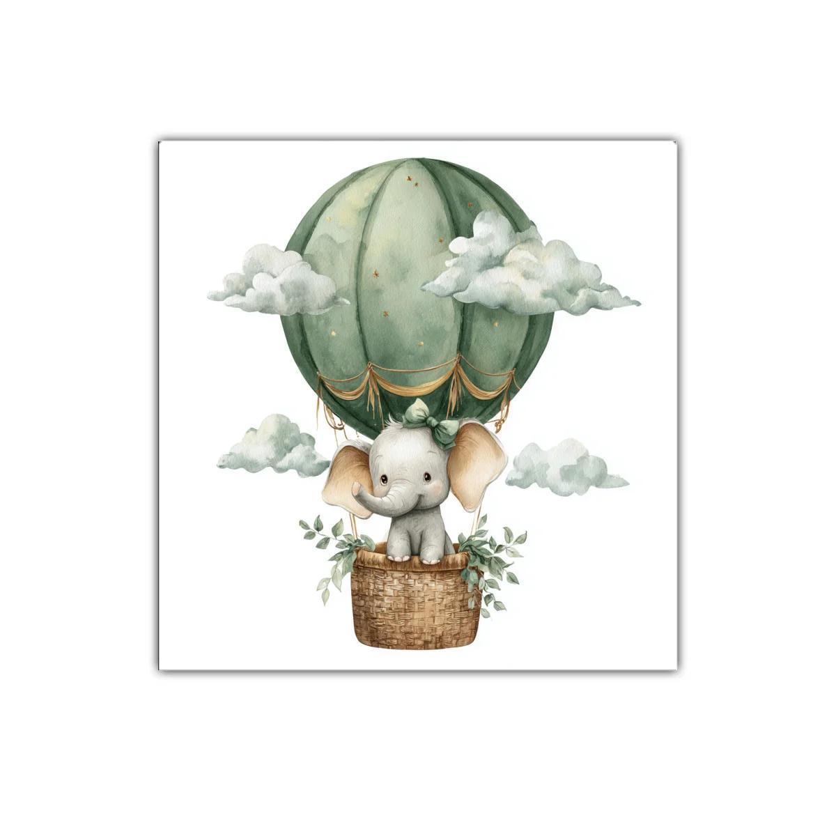 Elefante tierno volando en globo verde con nubes suaves — imagen principal