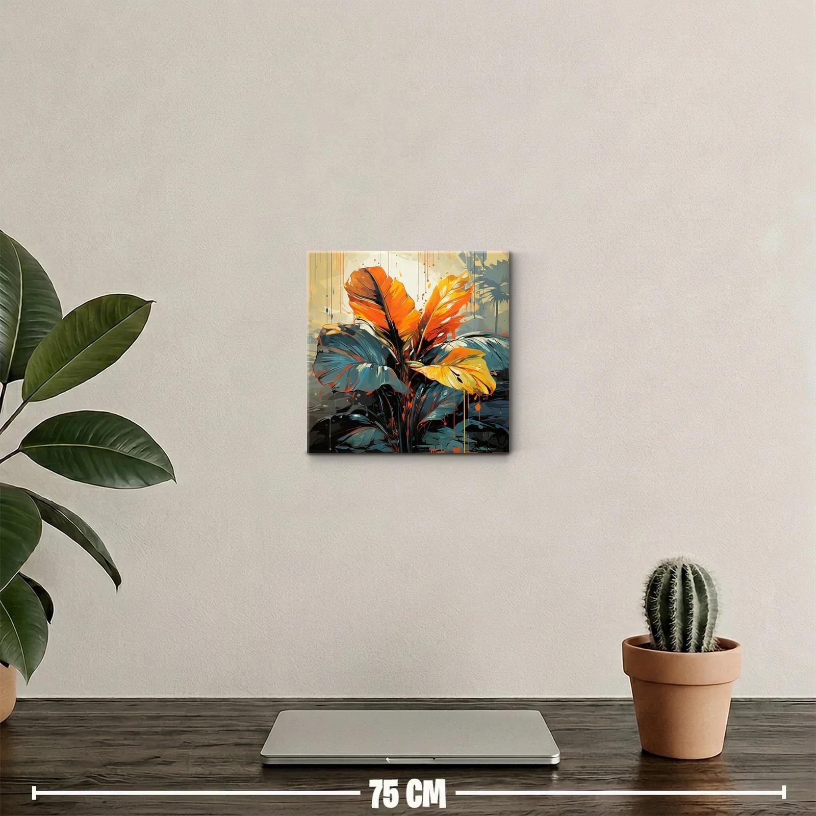 Cuadro decorativo con hojas vibrantes en tonos naranja y azul — miniatura 2