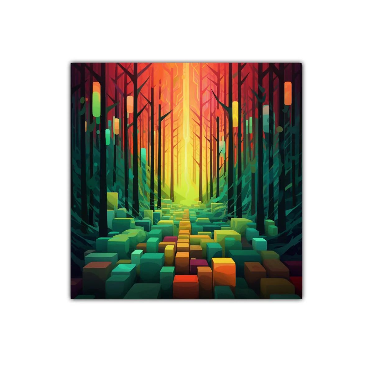 Paisaje abstracto vibrante con bosque y formas geométricas