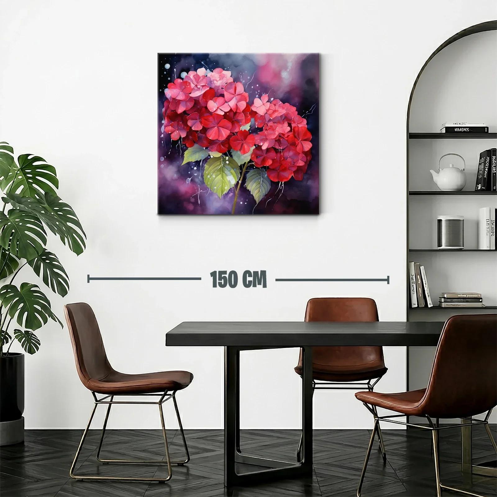 Vibrante cuadro con hortensias en tonos rojos y rosas — miniatura 2