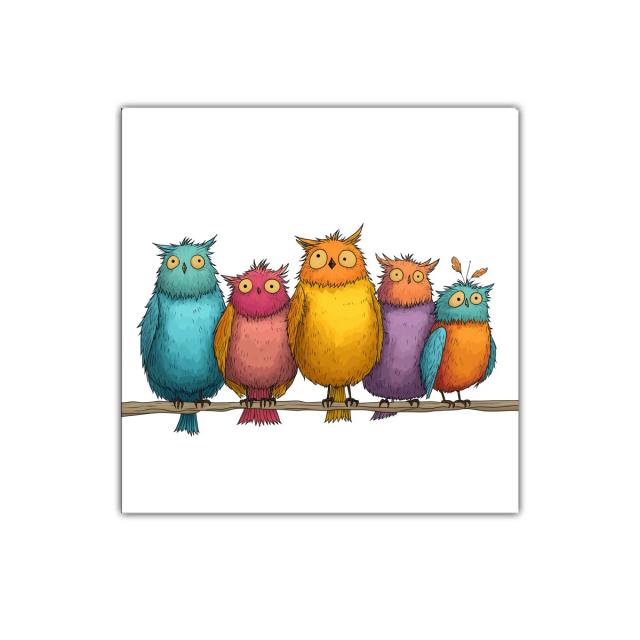 Colorido grupo de búhos divertidos sobre rama natural