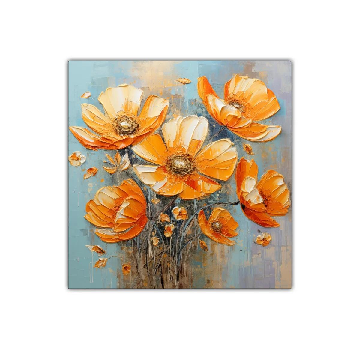 Cuadro floral vibrante en tonos cálidos y fondo azul