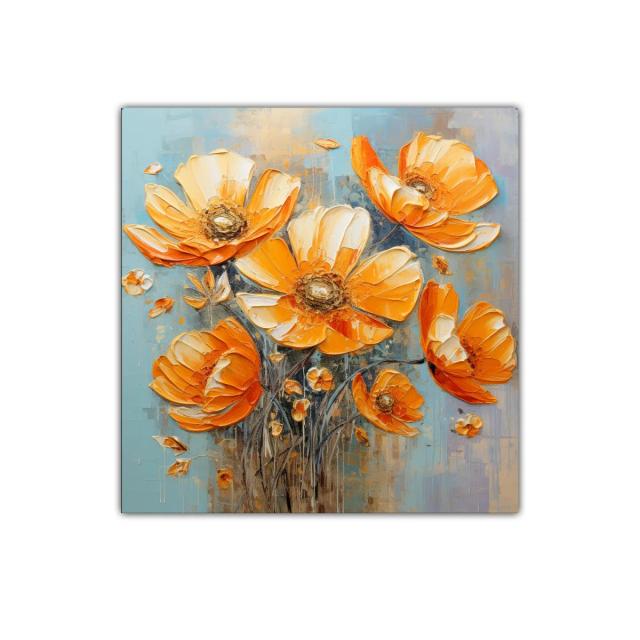 Cuadro floral vibrante en tonos cálidos y fondo azul