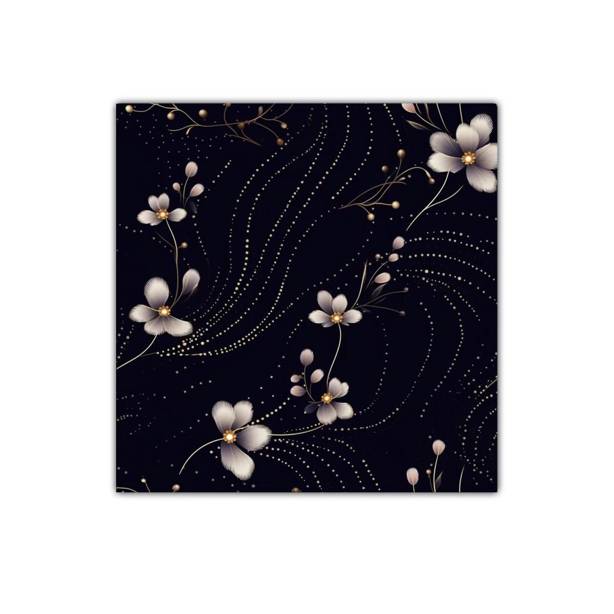 Cuadro floral elegante con patrones dorados sobre fondo oscuro