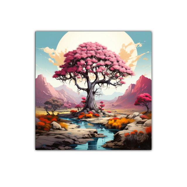 Árbol rosa en paisaje sereno con montañas al fondo