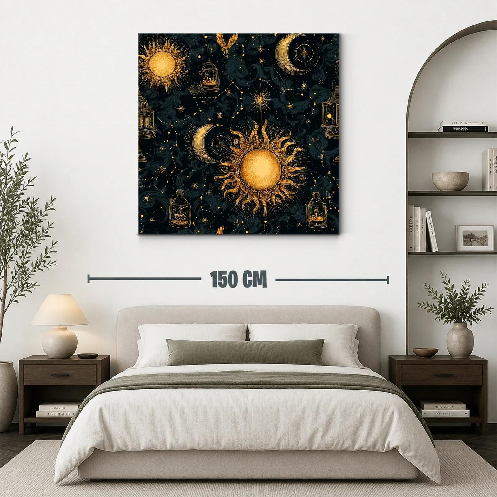 Cuadro celestial con sol y luna en tonos dorados y negros — miniatura 3