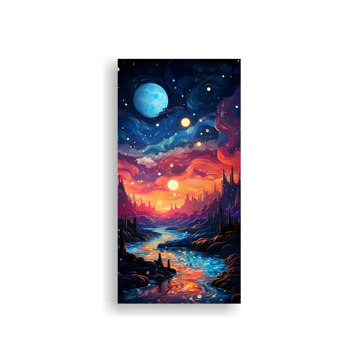 Cuadro paisaje cósmico con luna azul y río luminoso