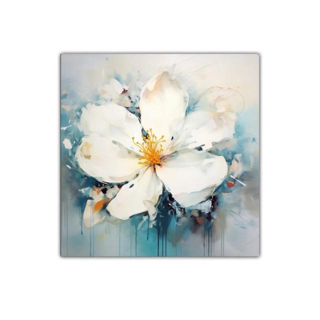 Flor blanca amplia con pinceladas suaves y tonos azules