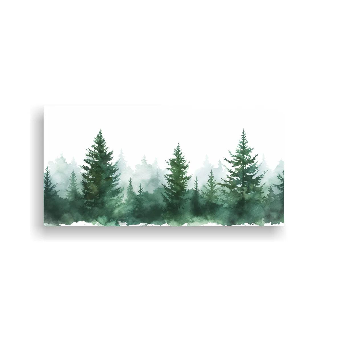 Cuadro bosque de pinos con niebla y siluetas en capas
