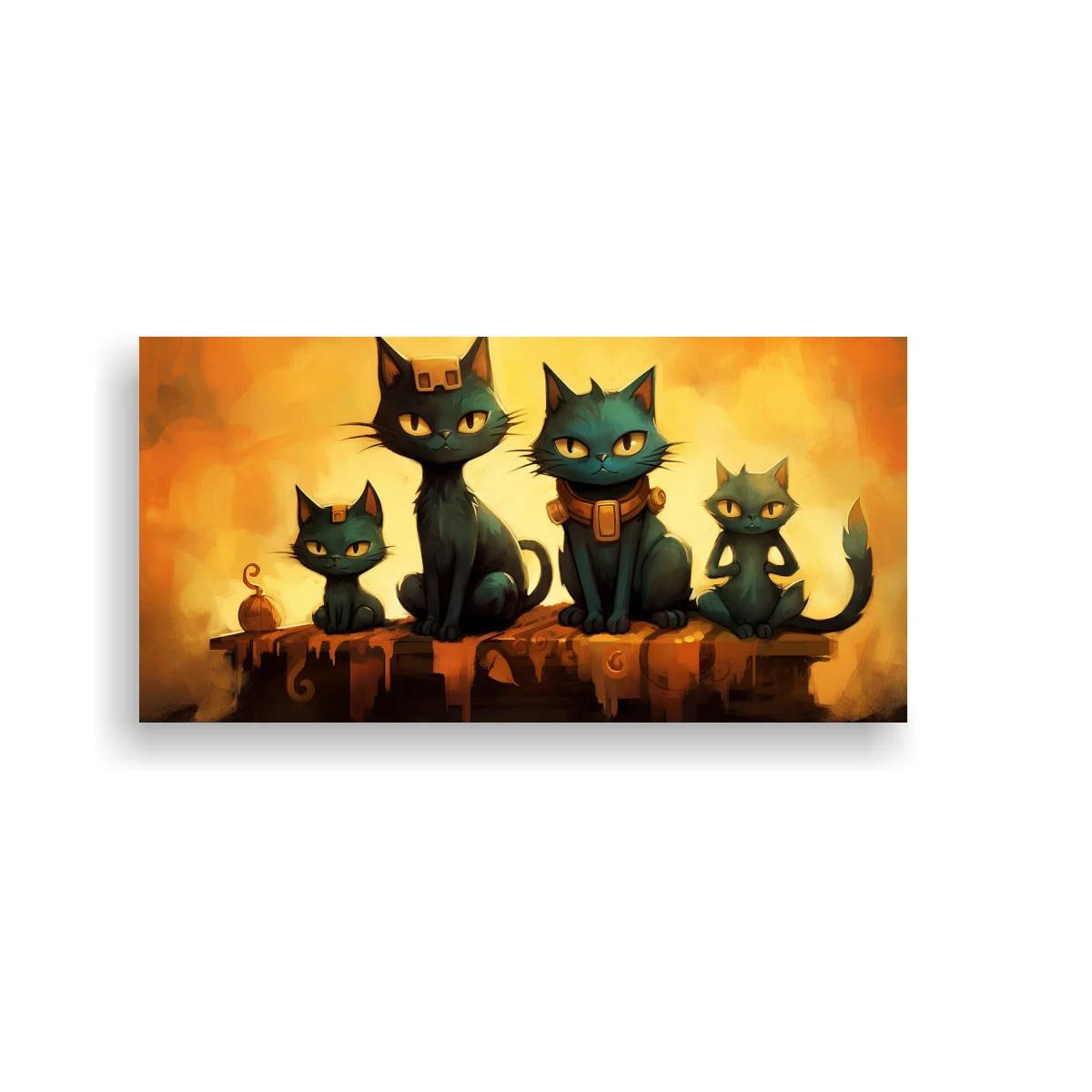 Cuadro de cuatro gatos negros con velas y cera derretida