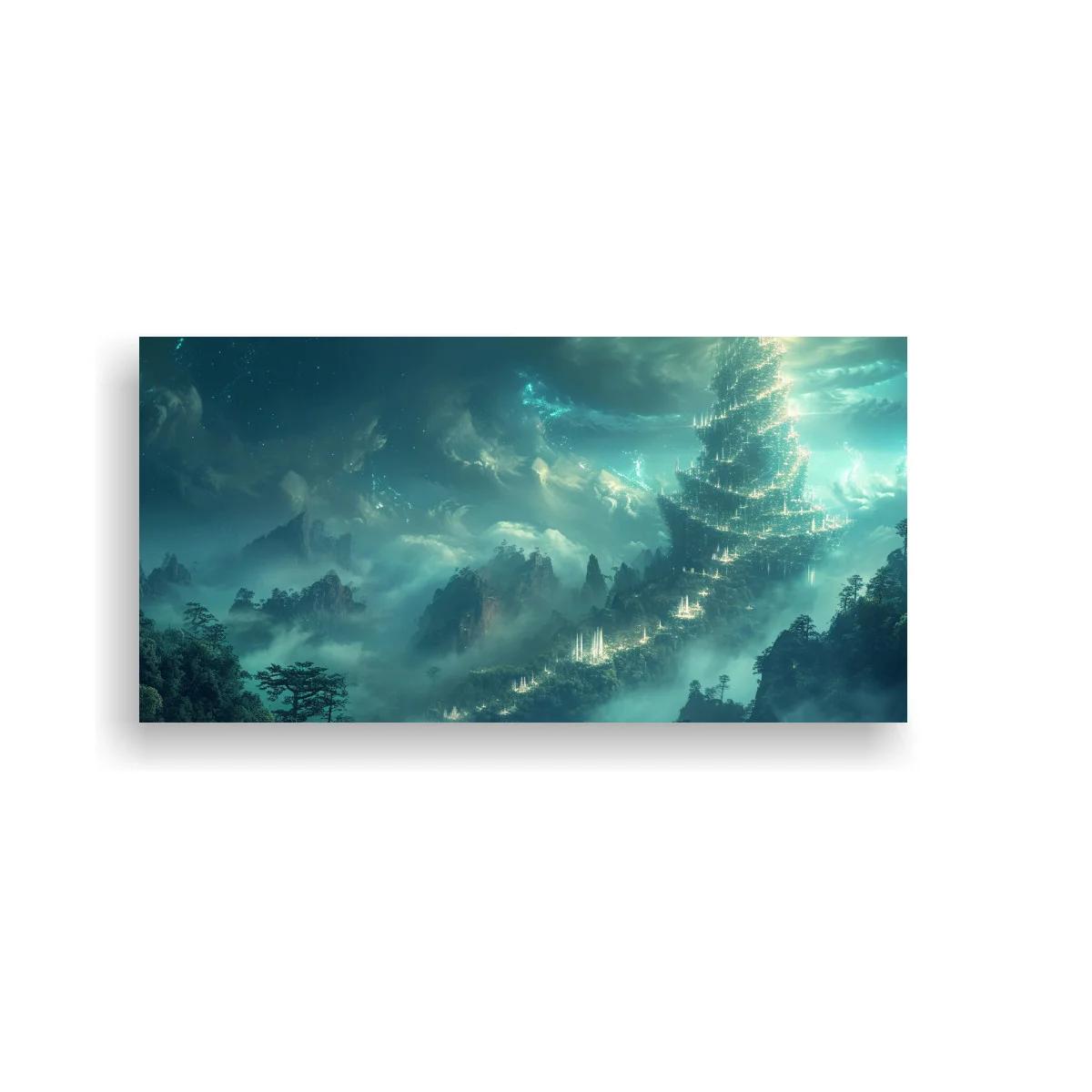 Cuadro bosque de coníferas entre niebla iluminado por haces de luz