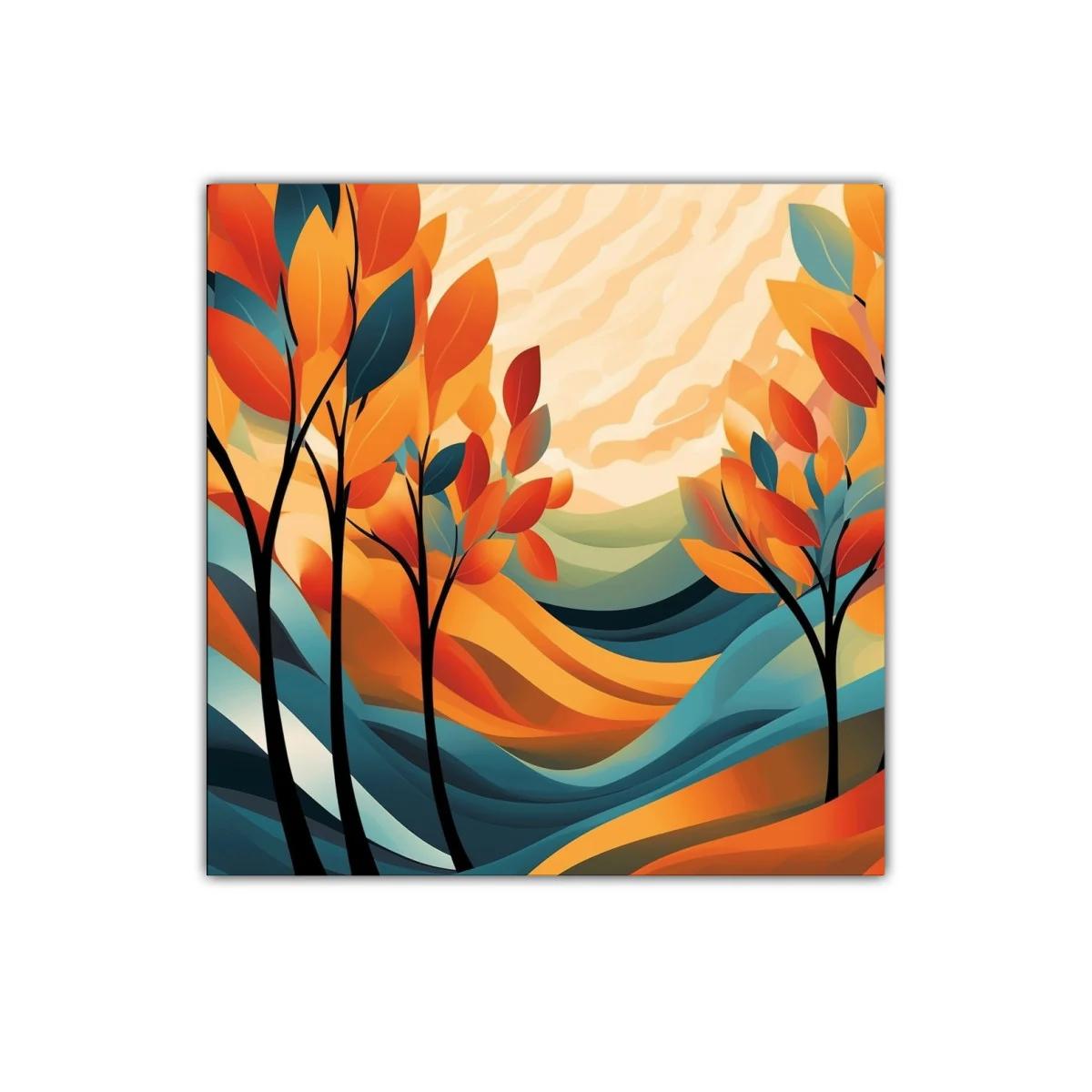 Cuadro decorativo paisaje abstracto con hojas en tonos cálidos — imagen principal
